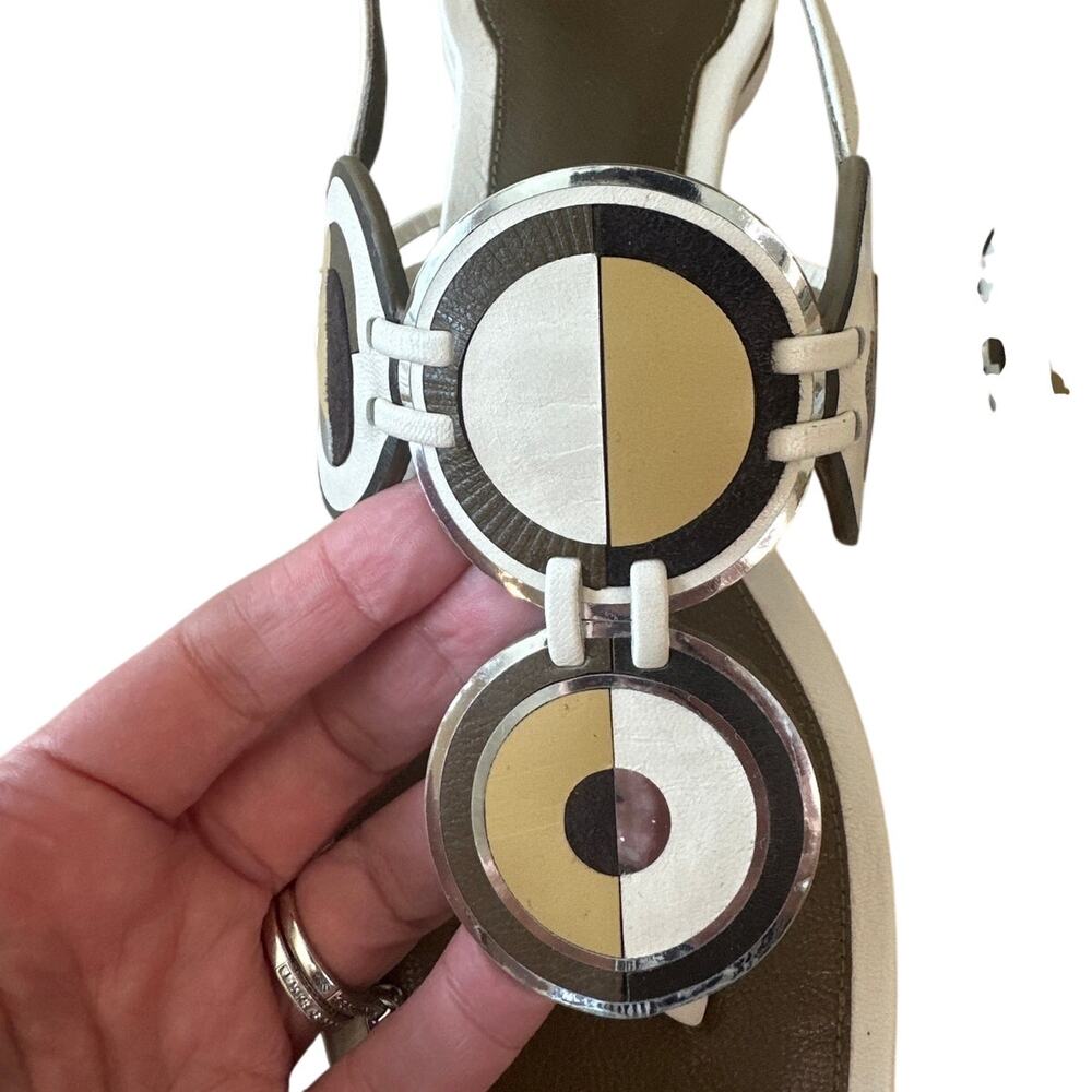 Tory Burch Marquetry Disk Sandal Cream Toasted Sesame 9.5 - Picture 8 of 13